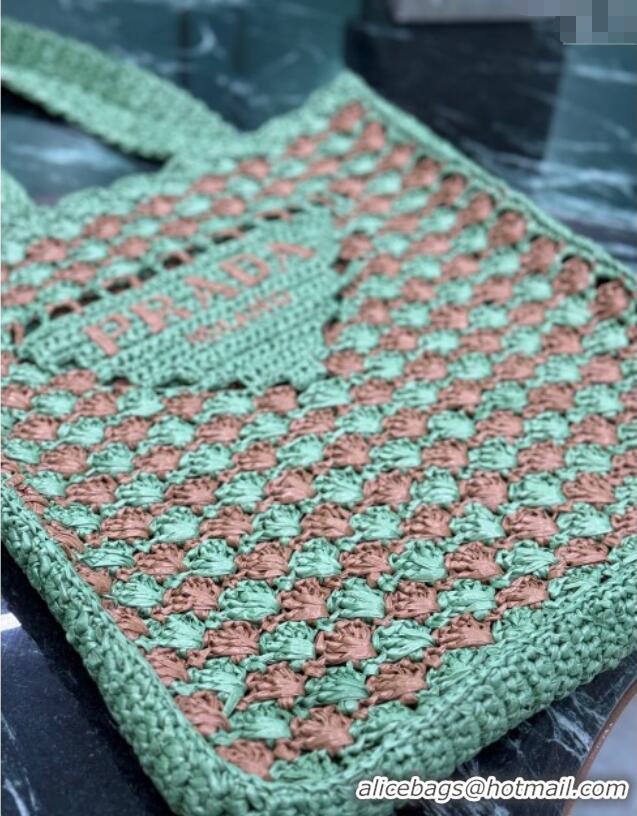 Cheapest Prada Crochet tote bag 1BG393 Lawn Green/Caramel Brown 2025