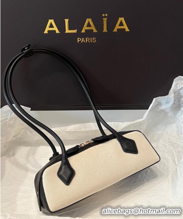Pretty Style Alaia Le Tecket Small Long Shoulder bag in Canvas and Leather A5031 Black 2025