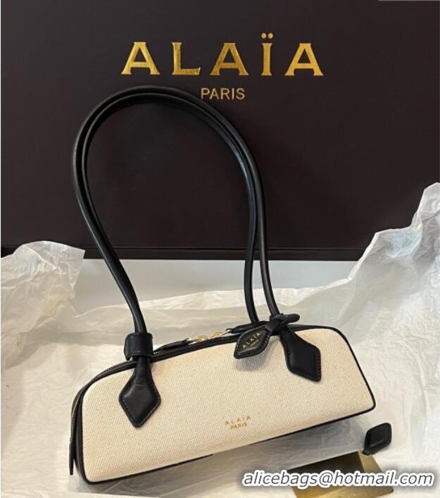 Pretty Style Alaia Le Tecket Small Long Shoulder bag in Canvas and Leather A5031 Black 2025