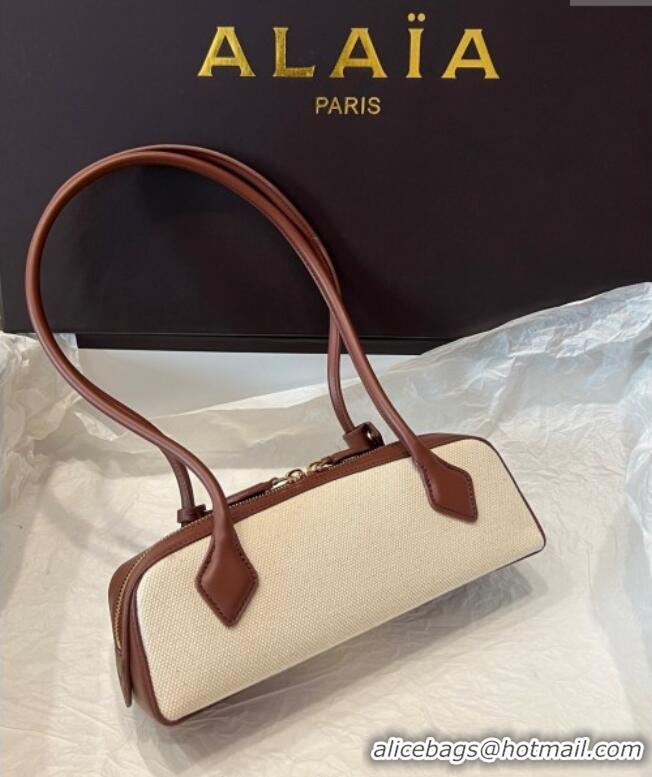 Luxury Cheap Alaia Le Tecket Small Long Shoulder bag in Canvas and Leather A5031 Brown 2025