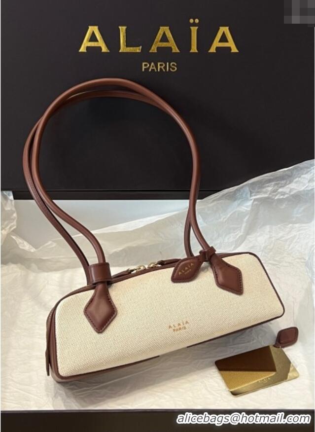 Luxury Cheap Alaia Le Tecket Small Long Shoulder bag in Canvas and Leather A5031 Brown 2025