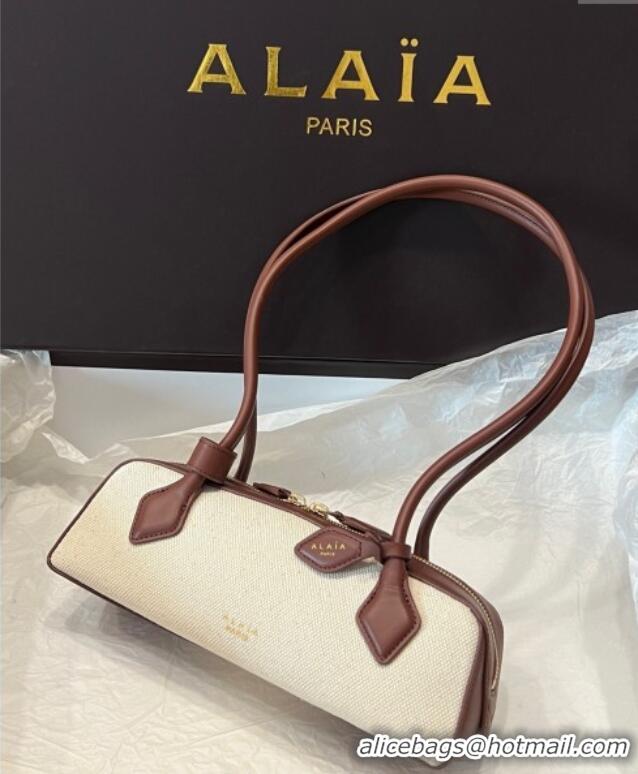 Luxury Cheap Alaia Le Tecket Small Long Shoulder bag in Canvas and Leather A5031 Brown 2025