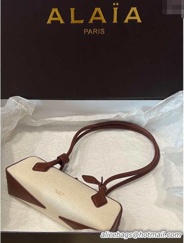 Luxury Cheap Alaia Le Tecket Small Long Shoulder bag in Canvas and Leather A5031 Brown 2025