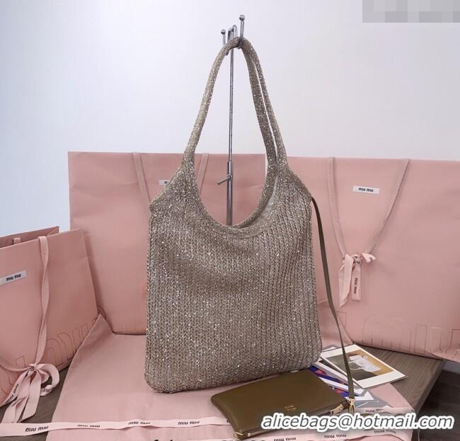 Buy New Cheap Miu Miu IVY sequin mesh tote bag 5BG231 Dark Grey 2025