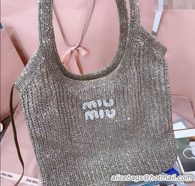 Buy New Cheap Miu Miu IVY sequin mesh tote bag 5BG231 Dark Grey 2025