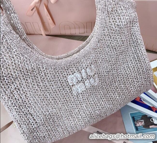 Top Grade Miu Miu IVY sequin mesh tote bag 5BG231 Light Grey 2025
