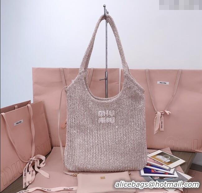 Top Grade Miu Miu IVY sequin mesh tote bag 5BG231 Light Grey 2025