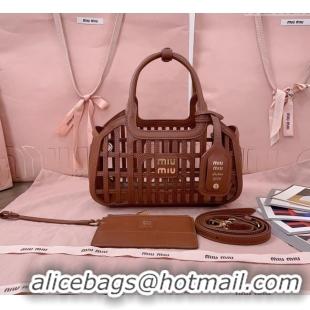 Buy Fashionable Miu Miu Leather Basket bag 5BA294 Cognac Brown 2025