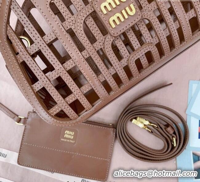 Buy Fashionable Miu Miu Leather Basket bag 5BA294 Cognac Brown 2025