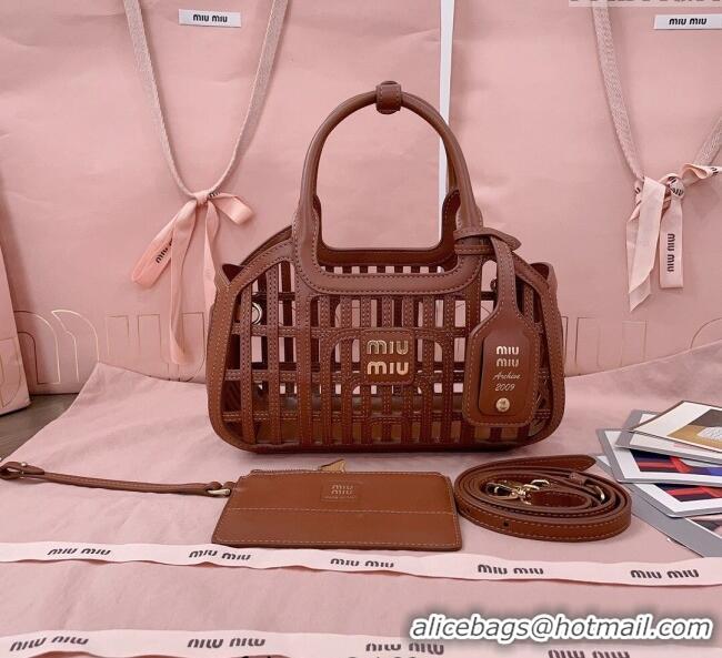 Buy Fashionable Miu Miu Leather Basket bag 5BA294 Cognac Brown 2025