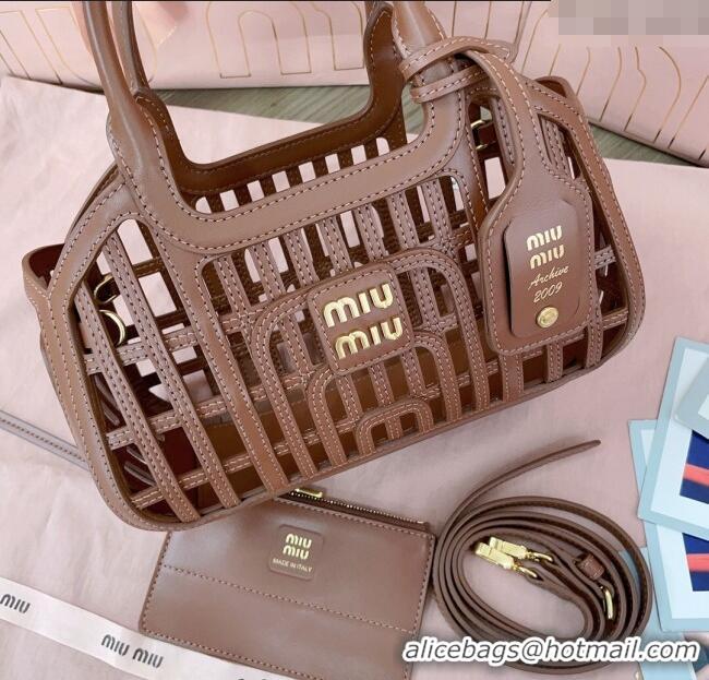Buy Fashionable Miu Miu Leather Basket bag 5BA294 Cognac Brown 2025