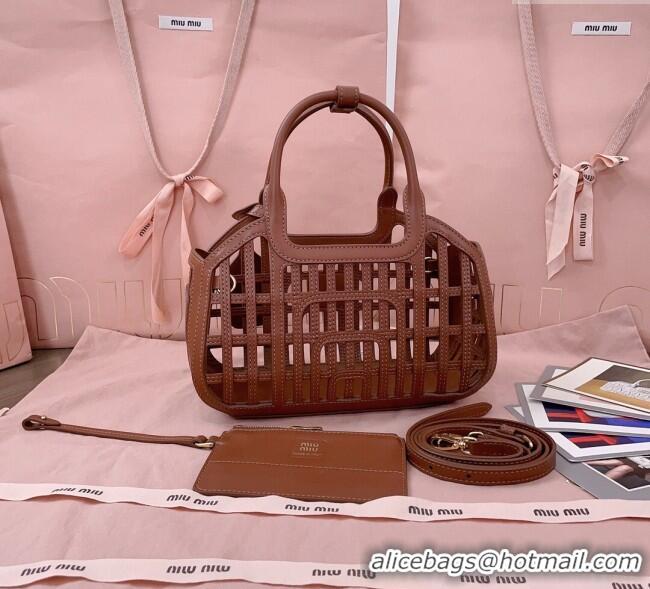 Buy Fashionable Miu Miu Leather Basket bag 5BA294 Cognac Brown 2025