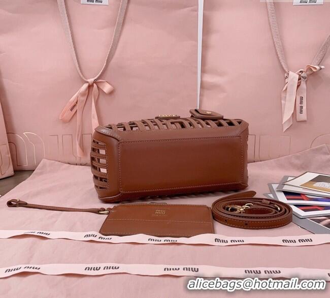 Buy Fashionable Miu Miu Leather Basket bag 5BA294 Cognac Brown 2025