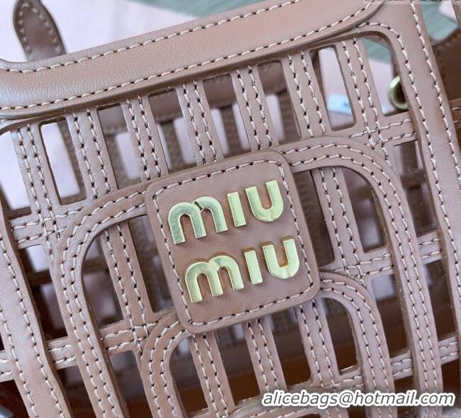 Buy Fashionable Miu Miu Leather Basket bag 5BA294 Cognac Brown 2025