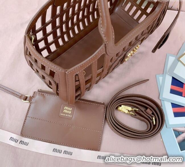 Buy Fashionable Miu Miu Leather Basket bag 5BA294 Cognac Brown 2025