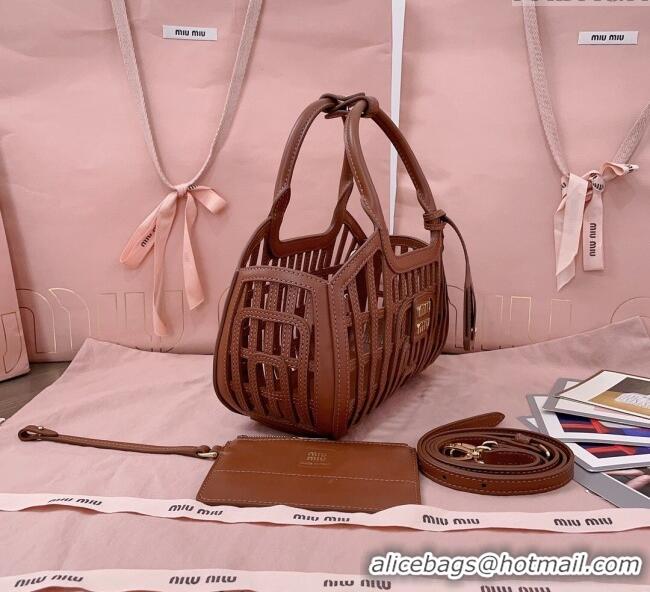 Buy Fashionable Miu Miu Leather Basket bag 5BA294 Cognac Brown 2025