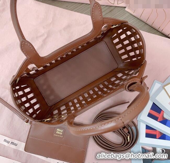 Buy Fashionable Miu Miu Leather Basket bag 5BA294 Cognac Brown 2025