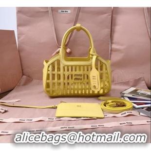 Original Cheap Miu Miu Leather Basket bag 5BA294 Lemon Yellow 2025