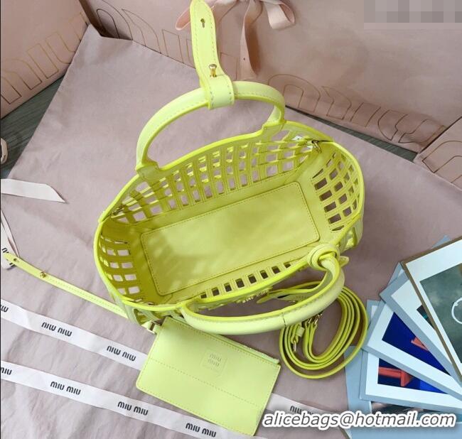 Original Cheap Miu Miu Leather Basket bag 5BA294 Lemon Yellow 2025