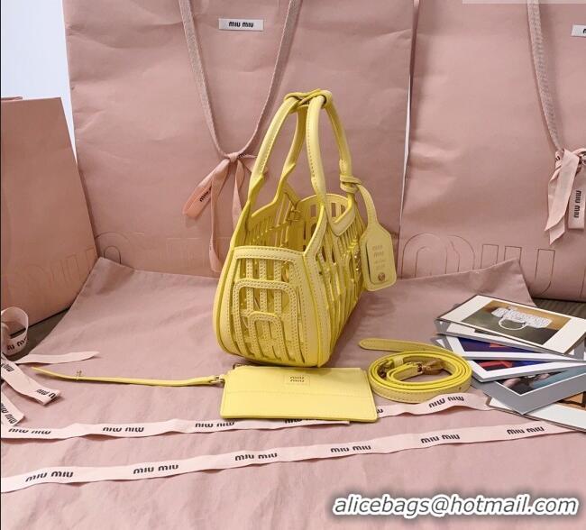 Original Cheap Miu Miu Leather Basket bag 5BA294 Lemon Yellow 2025
