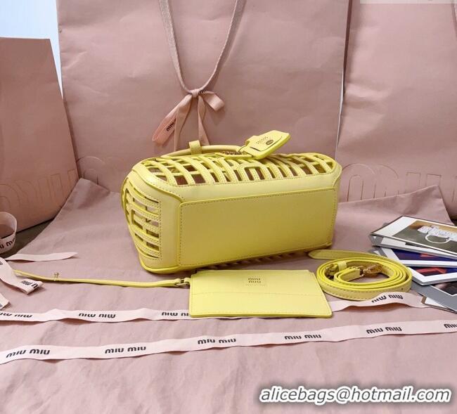 Original Cheap Miu Miu Leather Basket bag 5BA294 Lemon Yellow 2025