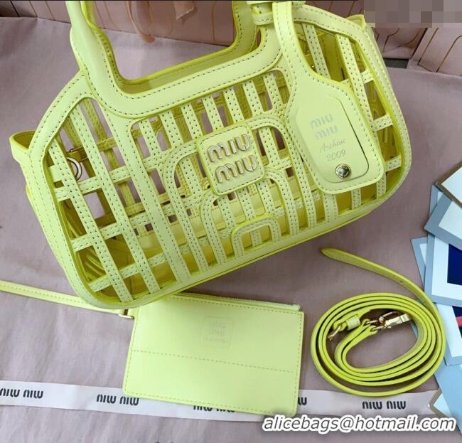 Original Cheap Miu Miu Leather Basket bag 5BA294 Lemon Yellow 2025