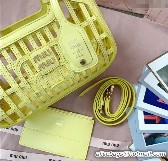Original Cheap Miu Miu Leather Basket bag 5BA294 Lemon Yellow 2025