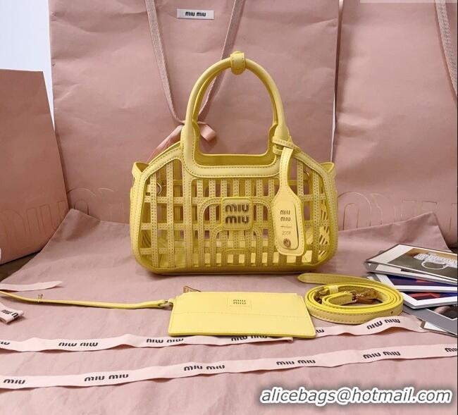 Original Cheap Miu Miu Leather Basket bag 5BA294 Lemon Yellow 2025