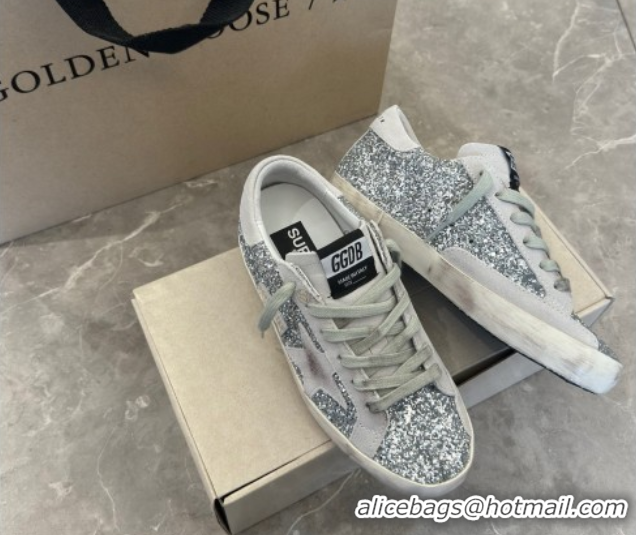 Good Product Golden Goose Super-Star Sneakers in Silver Glitter with Suede Star 5040223