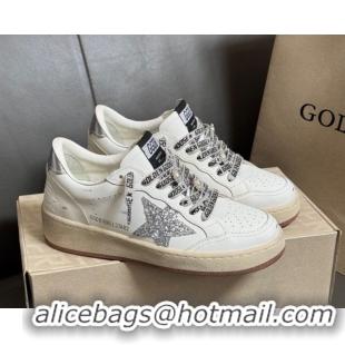Pretty Style Golden Goose Women’s Ball Star Sneakers in White Leather with Silver-Tone Glitter Star and Lace 0429041