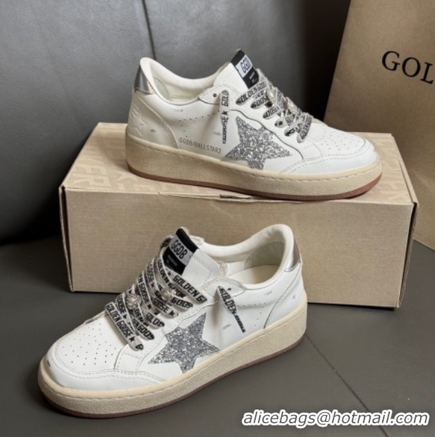 Pretty Style Golden Goose Women’s Ball Star Sneakers in White Leather with Silver-Tone Glitter Star and Lace 0429041