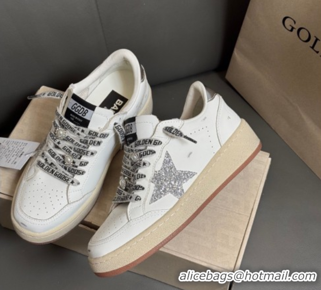 Pretty Style Golden Goose Women’s Ball Star Sneakers in White Leather with Silver-Tone Glitter Star and Lace 0429041
