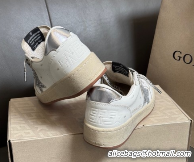 Pretty Style Golden Goose Women’s Ball Star Sneakers in White Leather with Silver-Tone Glitter Star and Lace 0429041