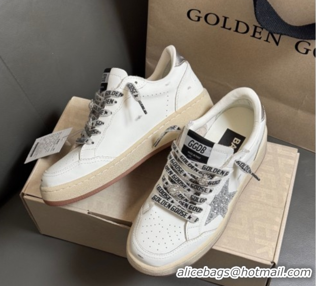Pretty Style Golden Goose Women’s Ball Star Sneakers in White Leather with Silver-Tone Glitter Star and Lace 0429041