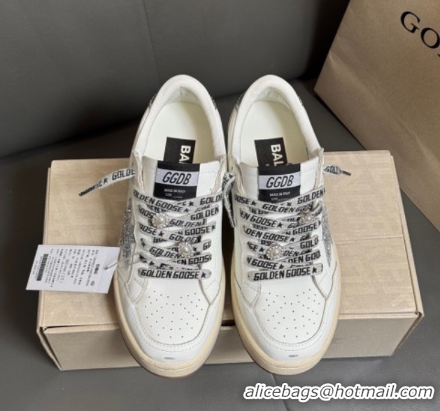 Pretty Style Golden Goose Women’s Ball Star Sneakers in White Leather with Silver-Tone Glitter Star and Lace 0429041