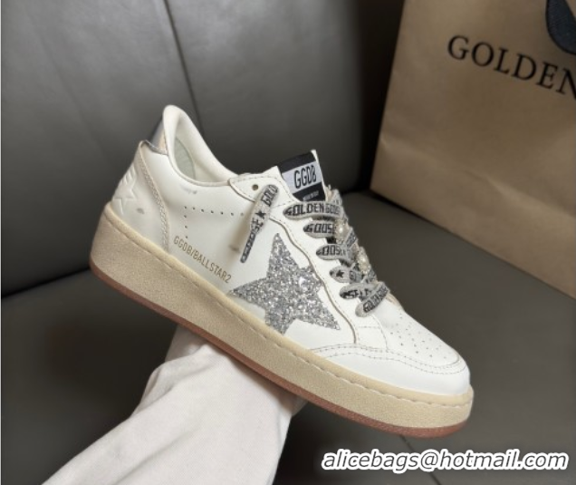 Pretty Style Golden Goose Women’s Ball Star Sneakers in White Leather with Silver-Tone Glitter Star and Lace 0429041