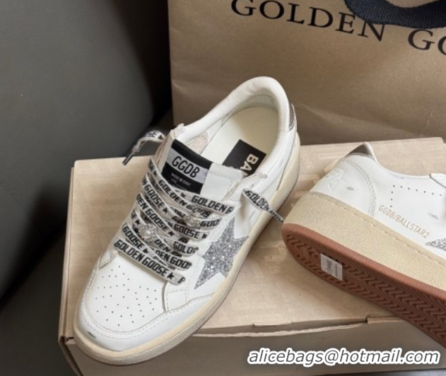 Pretty Style Golden Goose Women’s Ball Star Sneakers in White Leather with Silver-Tone Glitter Star and Lace 0429041