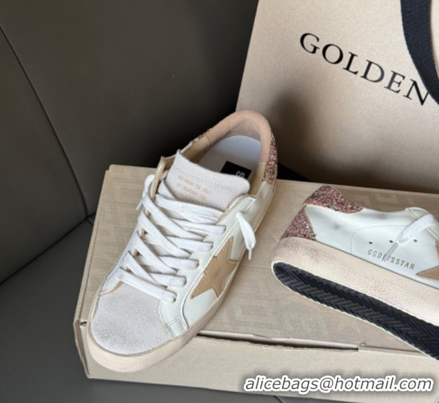 Top Design Golden Goose Women's Super-Star Sneakers with nude leather star and gold glitter heel tab 50429045