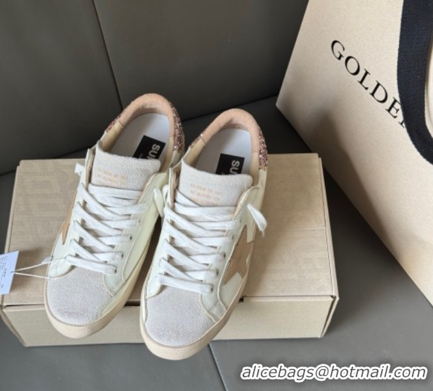 Top Design Golden Goose Women's Super-Star Sneakers with nude leather star and gold glitter heel tab 50429045