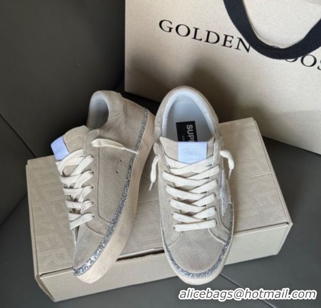 Best Grade Golden Goose Super-Star Sneakers in grey suede with silver-tone glitter trim 50429046