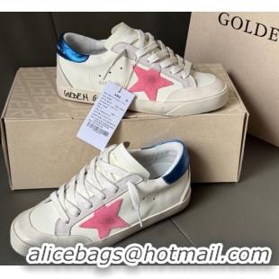 Popular Style Golden Goose Super-Star Sneakers in white leather with pink star and blue tab 50429048