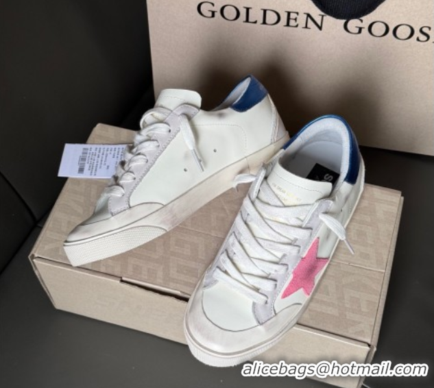 Popular Style Golden Goose Super-Star Sneakers in white leather with pink star and blue tab 50429048