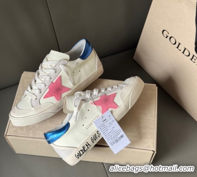 Popular Style Golden Goose Super-Star Sneakers in white leather with pink star and blue tab 50429048