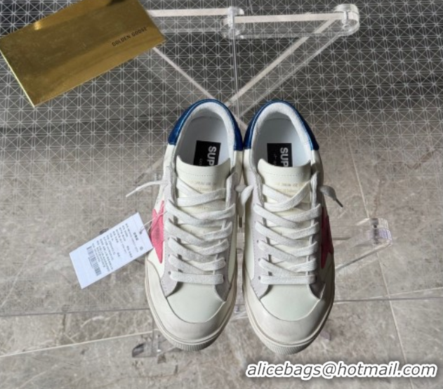 Popular Style Golden Goose Super-Star Sneakers in white leather with pink star and blue tab 50429048