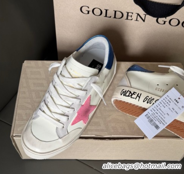 Popular Style Golden Goose Super-Star Sneakers in white leather with pink star and blue tab 50429048