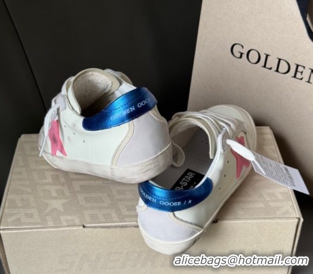 Popular Style Golden Goose Super-Star Sneakers in white leather with pink star and blue tab 50429048