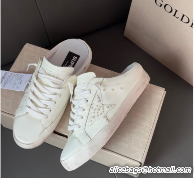 Charming Golden Goose Super-Star Sabot Sneaker Mules in White Leather with Pearls 0429051