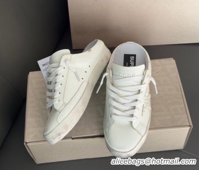 Charming Golden Goose Super-Star Sabot Sneaker Mules in White Leather with Pearls 0429051