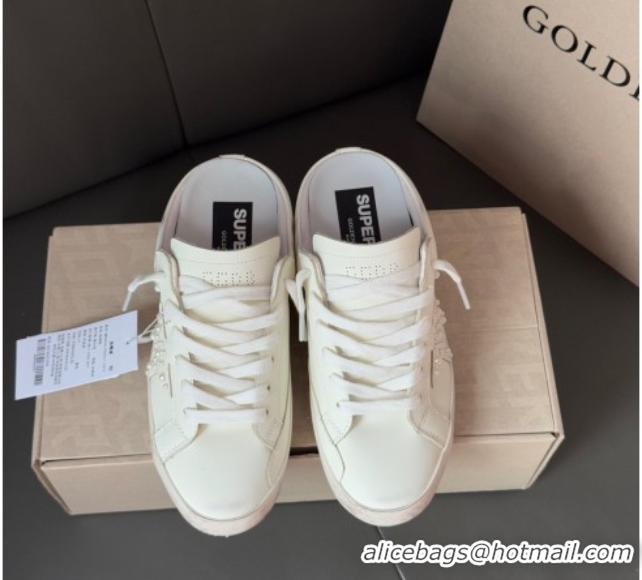 Charming Golden Goose Super-Star Sabot Sneaker Mules in White Leather with Pearls 0429051