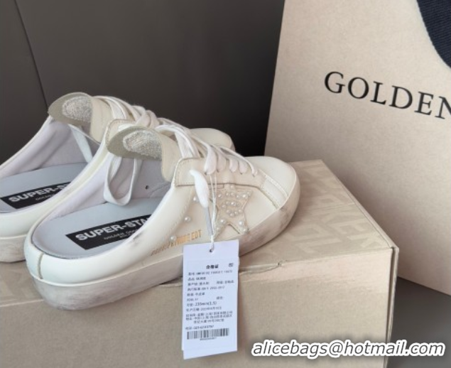 Charming Golden Goose Super-Star Sabot Sneaker Mules in White Leather with Pearls 0429051